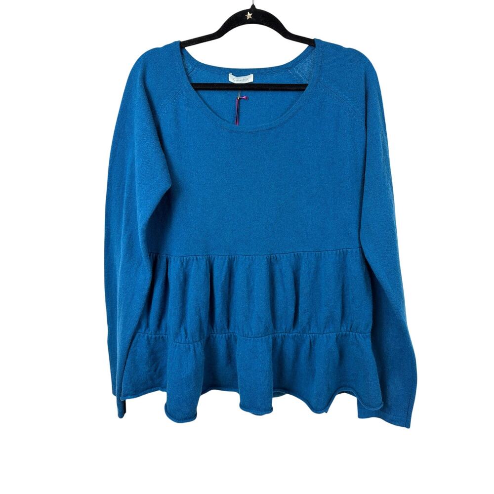 NWT Garnet Hill Blue Long Sleeve Round Neck Ruffles Cashmere Sweater Top Size XL